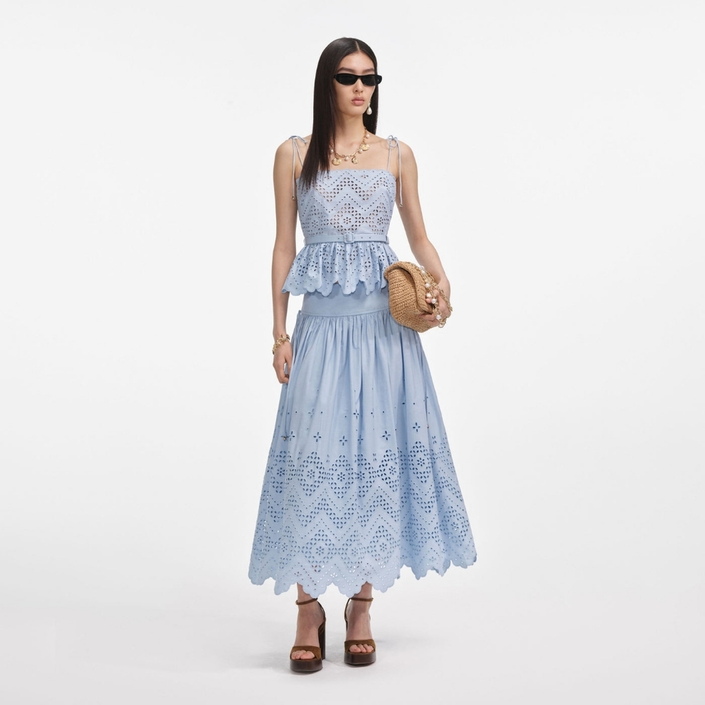 Self Portrait Blue Cotton Broderie Midi Skirt - Picture 5 of 12